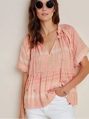 Pilcro by Anthropologie The Bette Babydoll Peasant Blouse 100% Cotton Size M